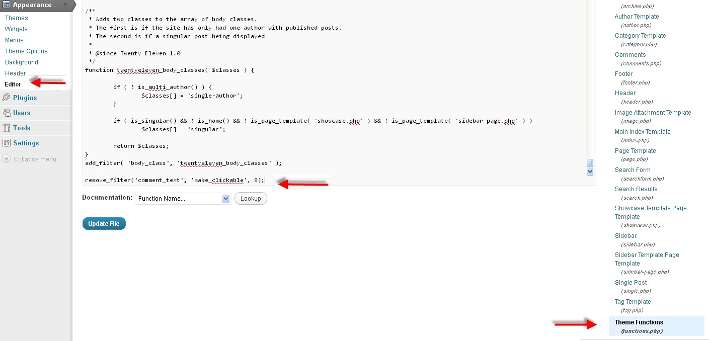Appearance Editor 1 How to disable Spammer URLs in comments section. 